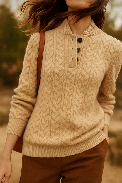 Women's Cable Knit Button Neck Sweater in Khaki - front view