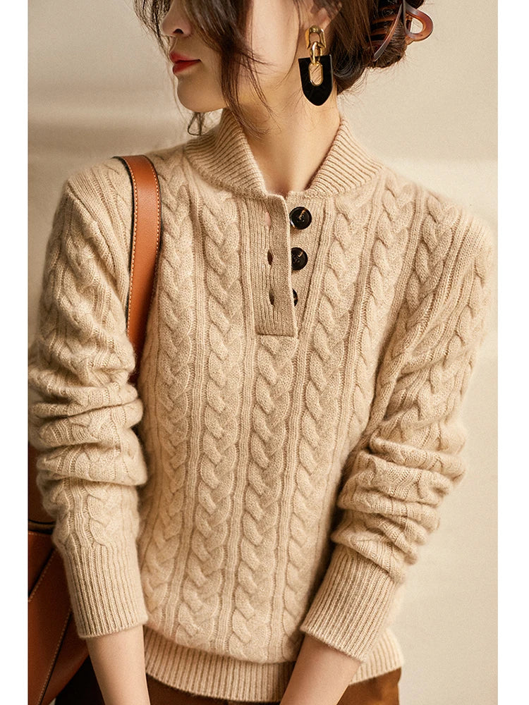 Women's Cable Knit Button Neck Sweater in Khaki - alternate angle showing fit and fabric detail