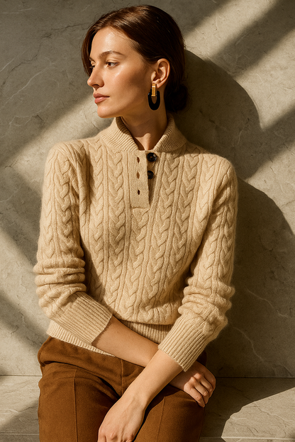 Women's Cable Knit Button Neck Sweater in Khaki - alternate angle showing fit and fabric detail