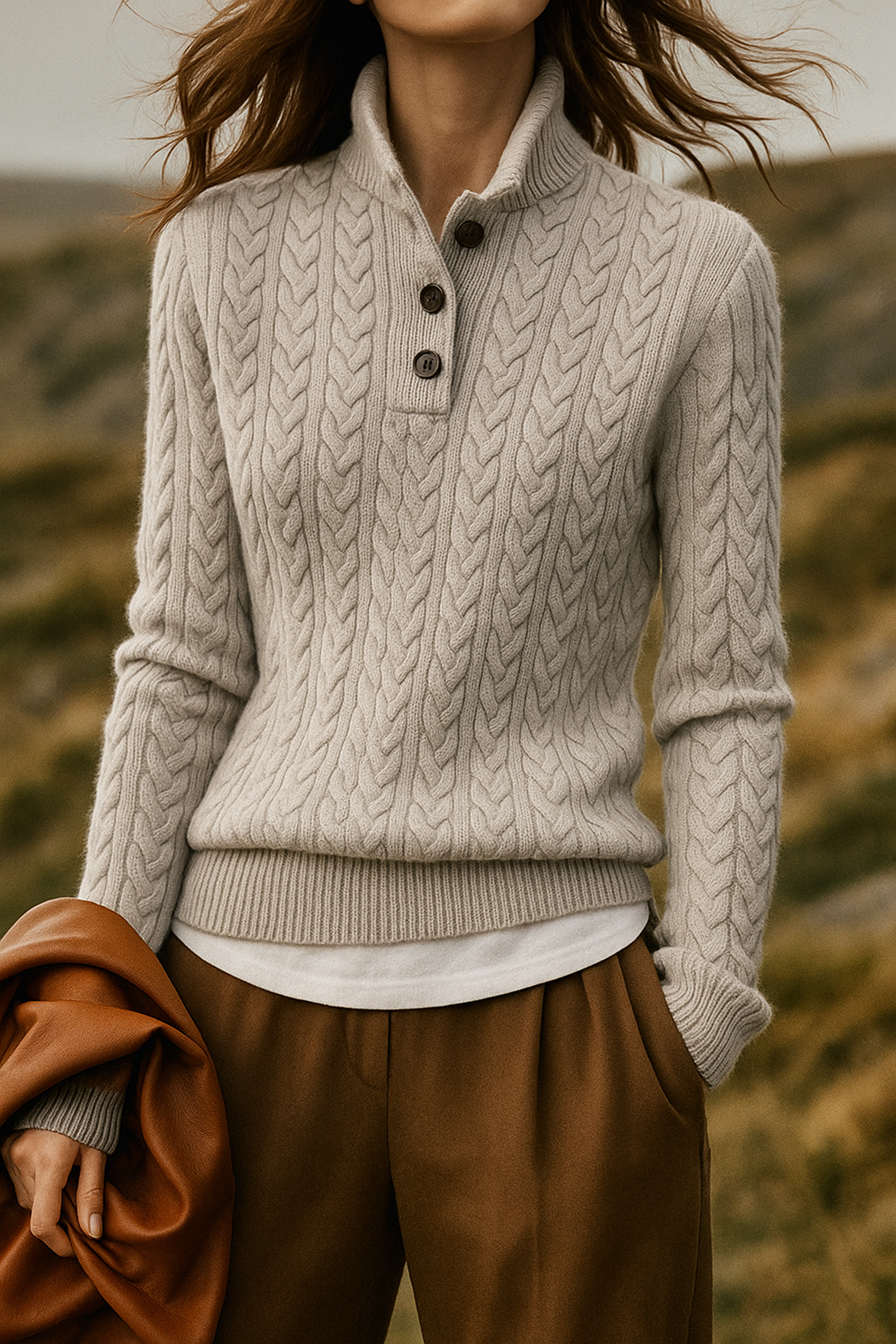 Women's Cable Knit Button Neck Sweater in Grey - front view