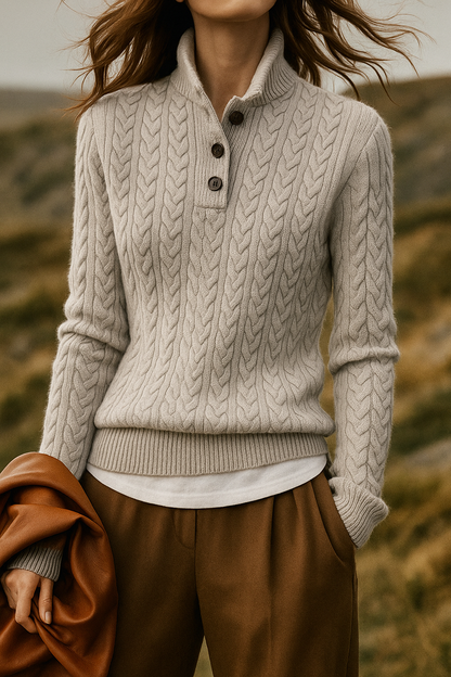 Women's Cable Knit Button Neck Sweater in Grey - front view