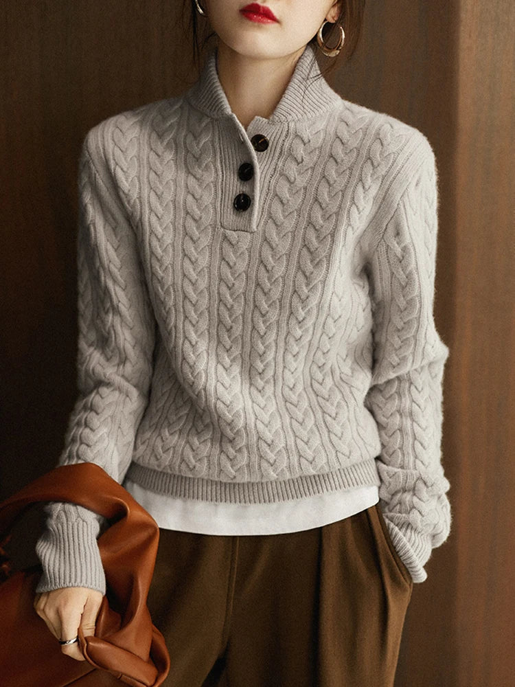 Women's Cable Knit Button Neck Sweater in Grey - alternate angle showing fit and fabric detail