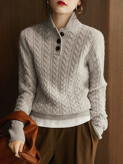 Women's Cable Knit Button Neck Sweater in Grey - alternate angle showing fit and fabric detail