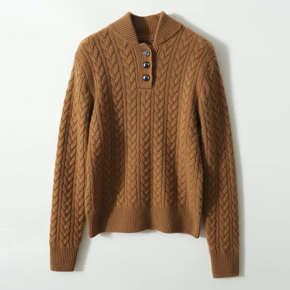 Women's Cable Knit Button Neck Sweater in Grey - alternate angle showing fit and fabric detail