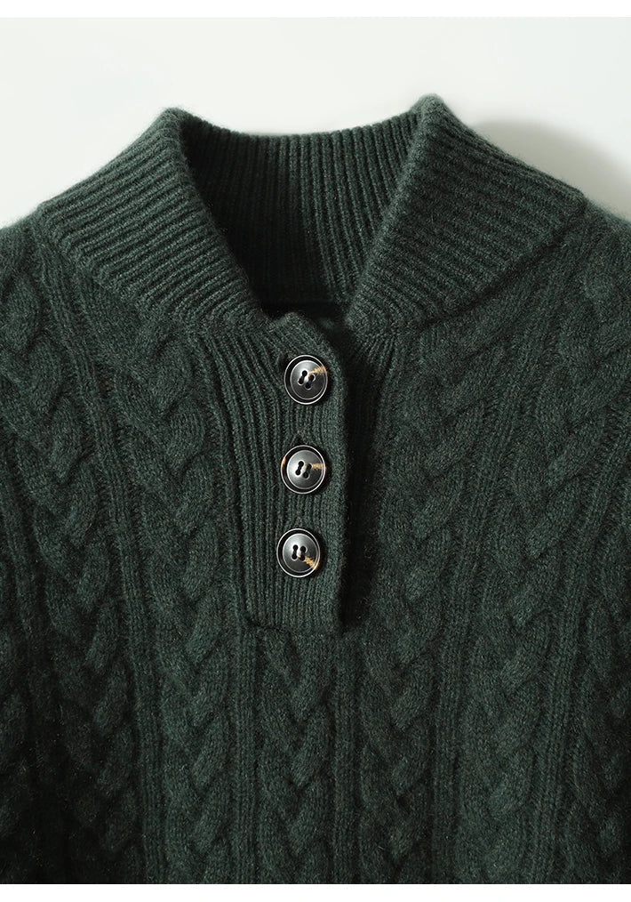 Women's Cable Knit Button Neck Sweater in Grey - alternate angle showing fit and fabric detail