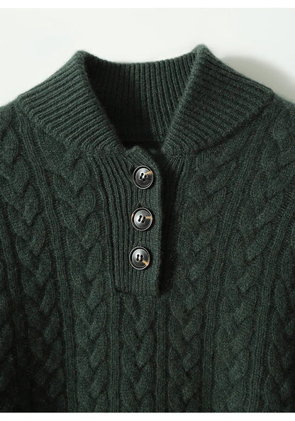 Women's Cable Knit Button Neck Sweater in Grey - alternate angle showing fit and fabric detail