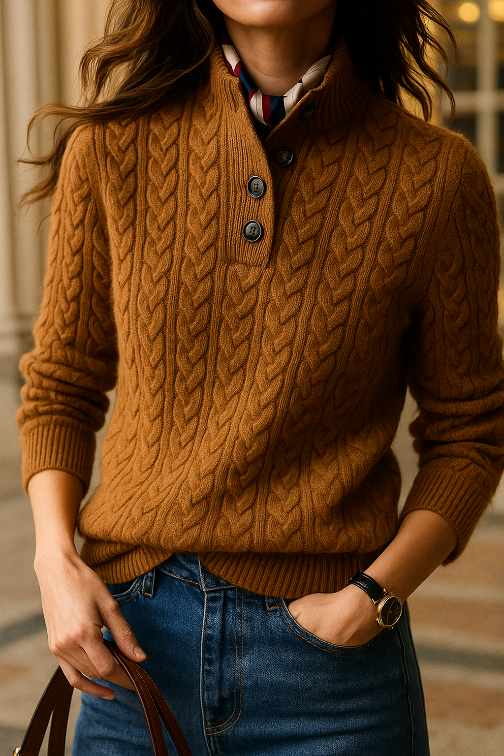 Women's Cable Knit Button Neck Sweater in Vintage Camel - front view