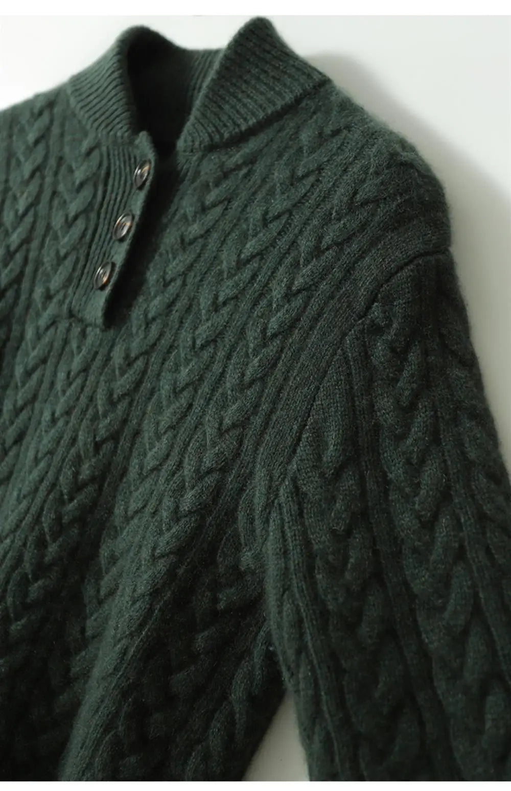 Women's Cable Knit Button Neck Sweater in Grey - alternate angle showing fit and fabric detail
