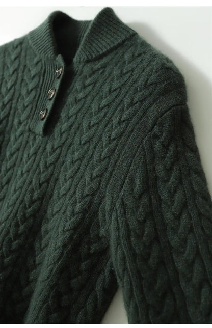 Women's Cable Knit Button Neck Sweater in Grey - alternate angle showing fit and fabric detail