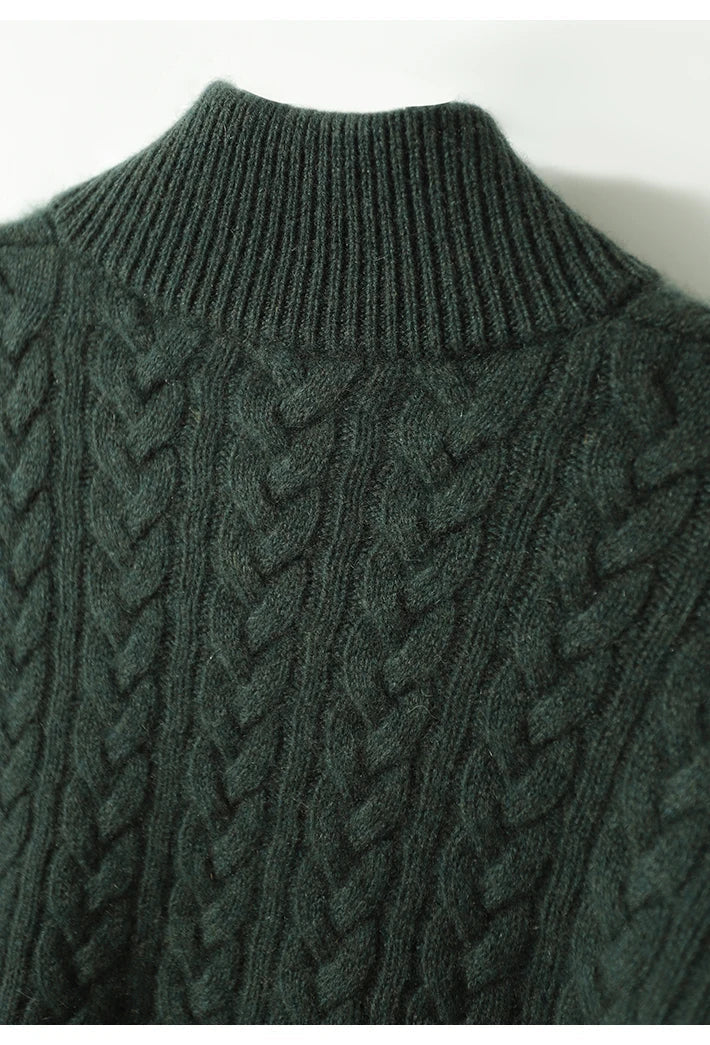 Women's Cable Knit Button Neck Sweater in Grey - alternate angle showing fit and fabric detail