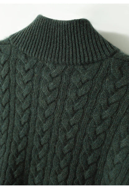 Women's Cable Knit Button Neck Sweater in Grey - alternate angle showing fit and fabric detail