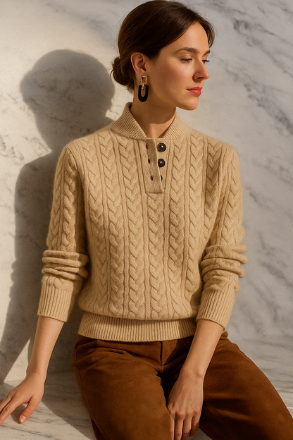 Women's Cable Knit Button Neck Sweater in Grey - alternate angle showing fit and fabric detail