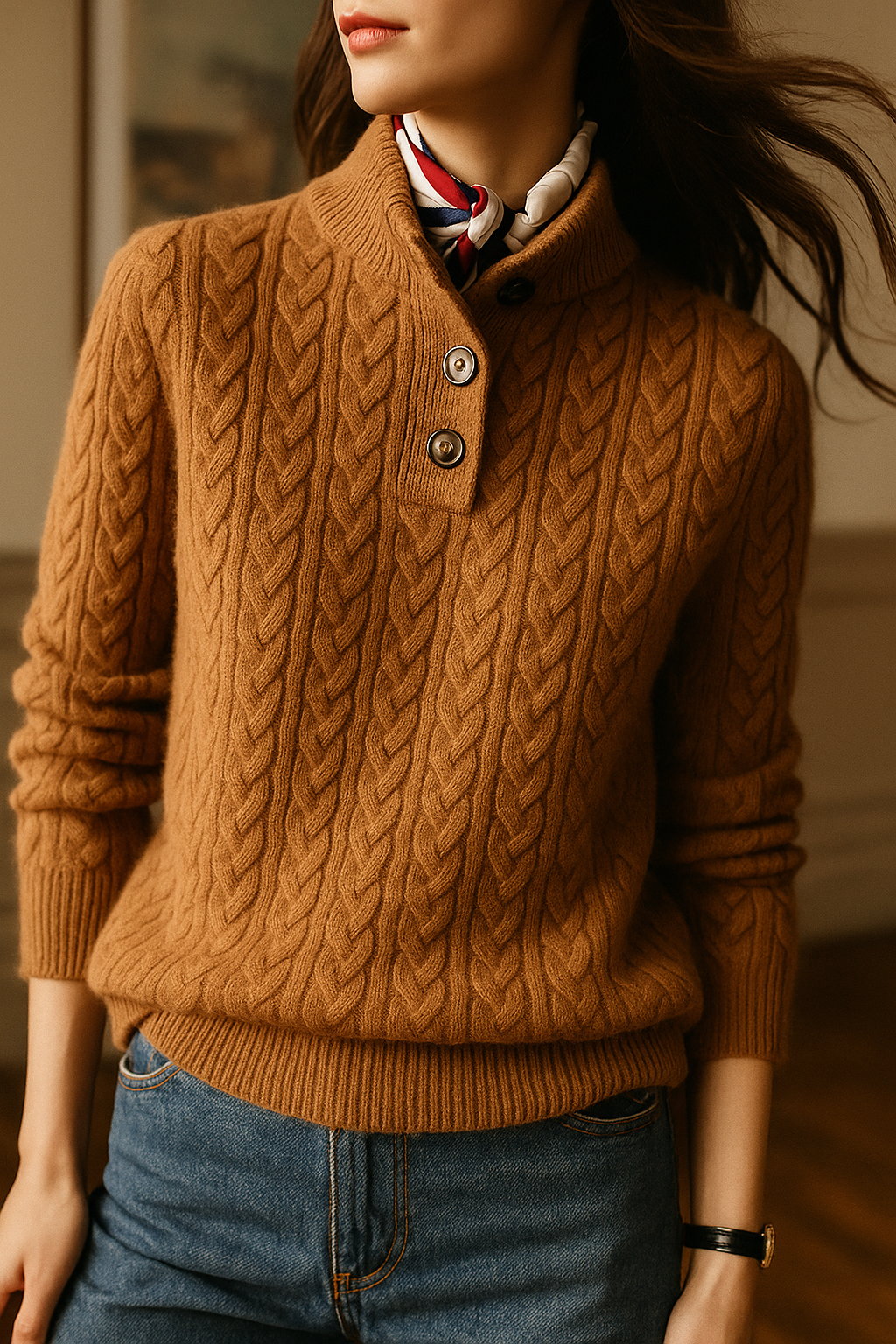 Women's Cable Knit Button Neck Sweater in Vintage Camel - alternate angle showing fit and fabric detail