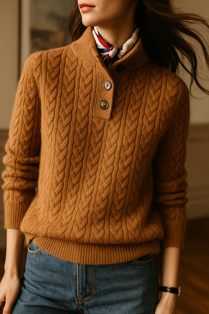 Women's Cable Knit Button Neck Sweater in Vintage Camel - alternate angle showing fit and fabric detail