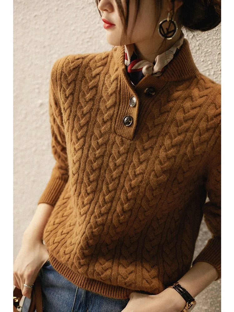 Women's Cable Knit Button Neck Sweater in Vintage Camel - alternate angle showing fit and fabric detail