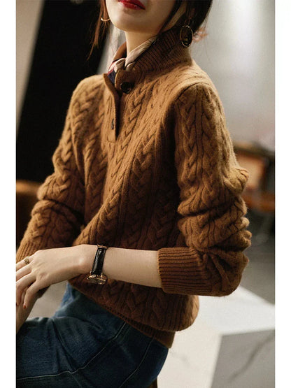 Women's Cable Knit Button Neck Sweater in Vintage Camel - alternate angle showing fit and fabric detail