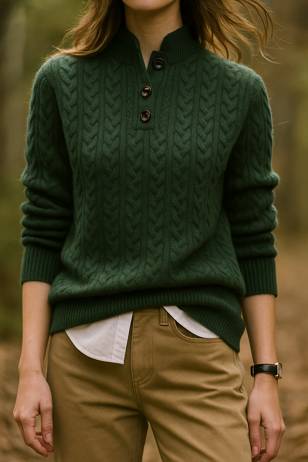Women's Cable Knit Button Neck Sweater in Olive - front view