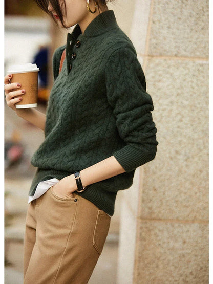 Women's Cable Knit Button Neck Sweater in Olive - alternate angle showing fit and fabric detail