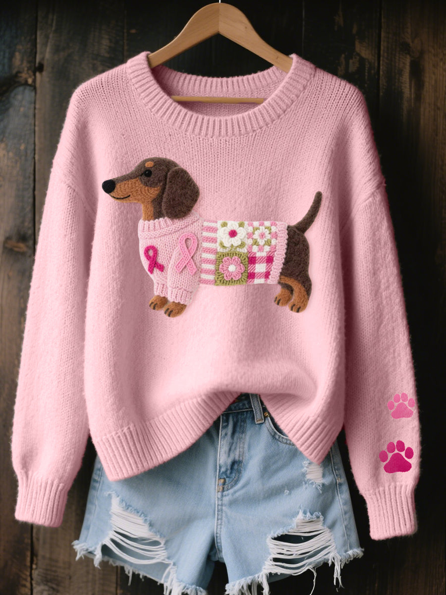 Women's Dachshund Print Sweater in Pink - front view
