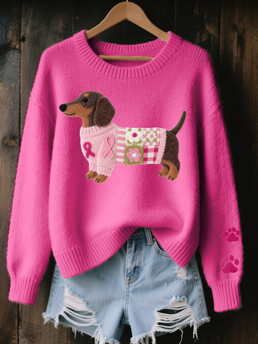 Women's Dachshund Print Sweater in Dark Pink - front view