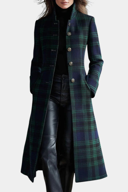 Women's Tartan Long Coat in Green - front view