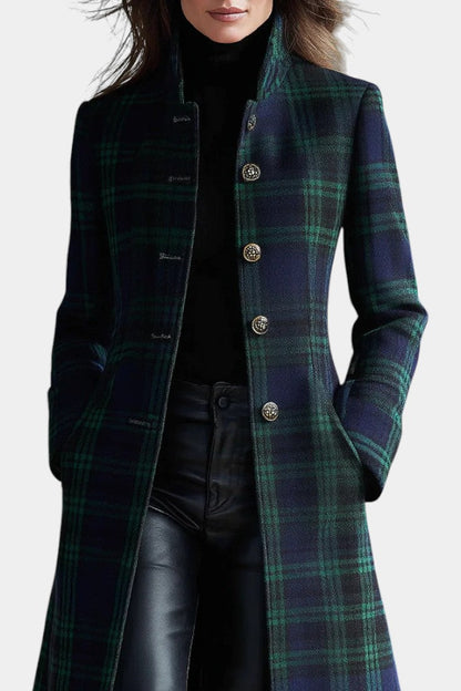 Women's Tartan Long Coat in Green - alternate angle showing fit and fabric detail