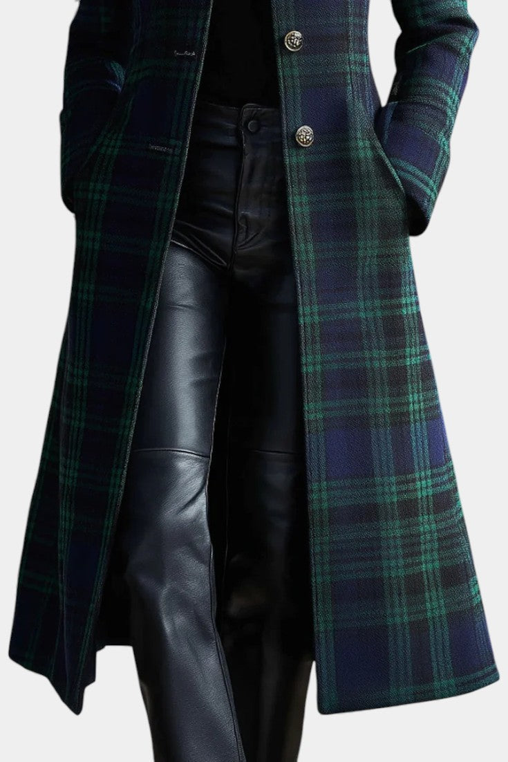 Women's Tartan Long Coat in Green - alternate angle showing fit and fabric detail