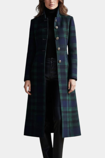 Women's Tartan Long Coat in Green - alternate angle showing fit and fabric detail