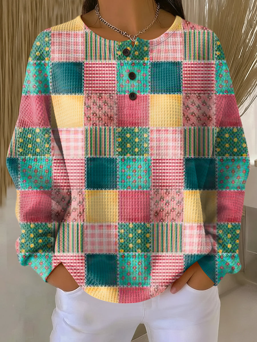 Women's Colour Block Patchwork Sweater in Style 13 - alternate angle showing fit and fabric detail