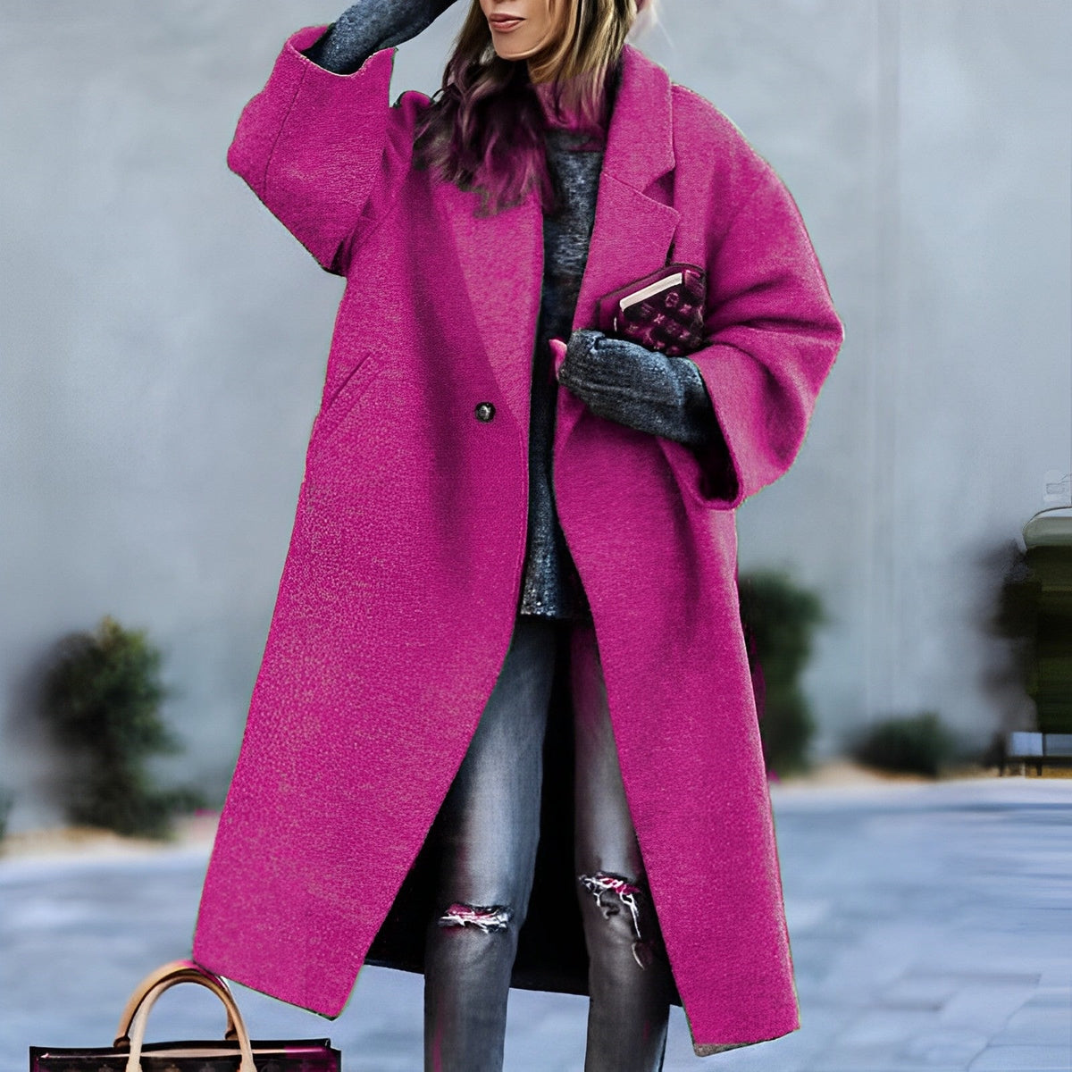 Women's Oversized Long Coat in Pink - front view