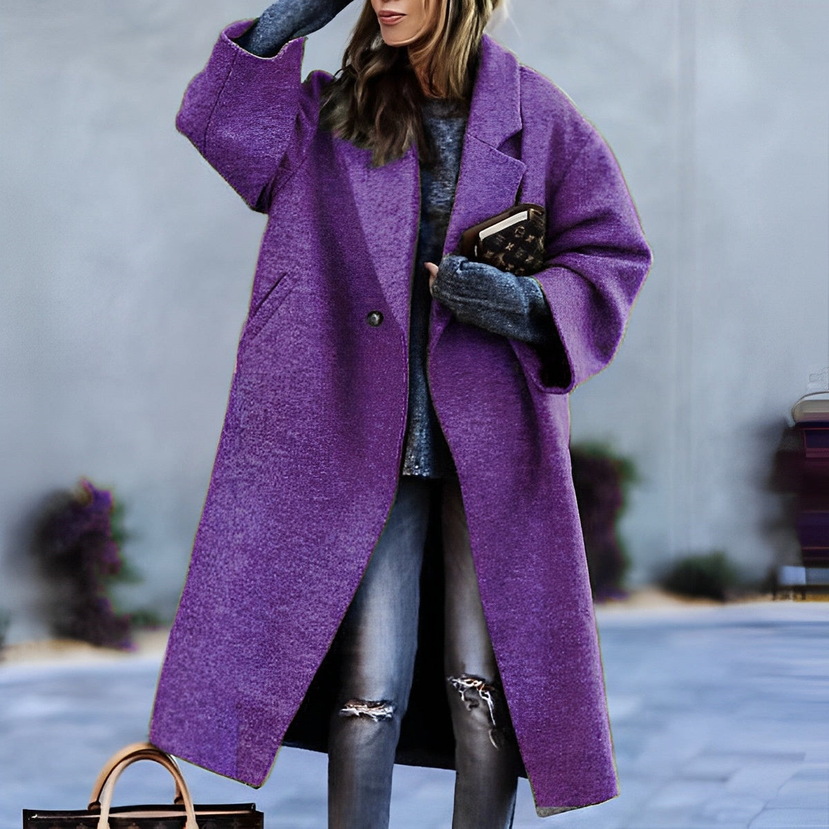 Women's Oversized Long Coat in Purple - front view
