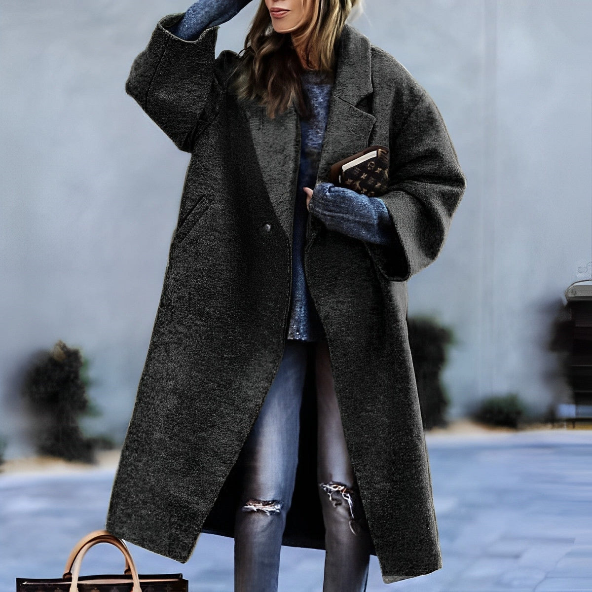 Women's Oversized Long Coat in Black - front view