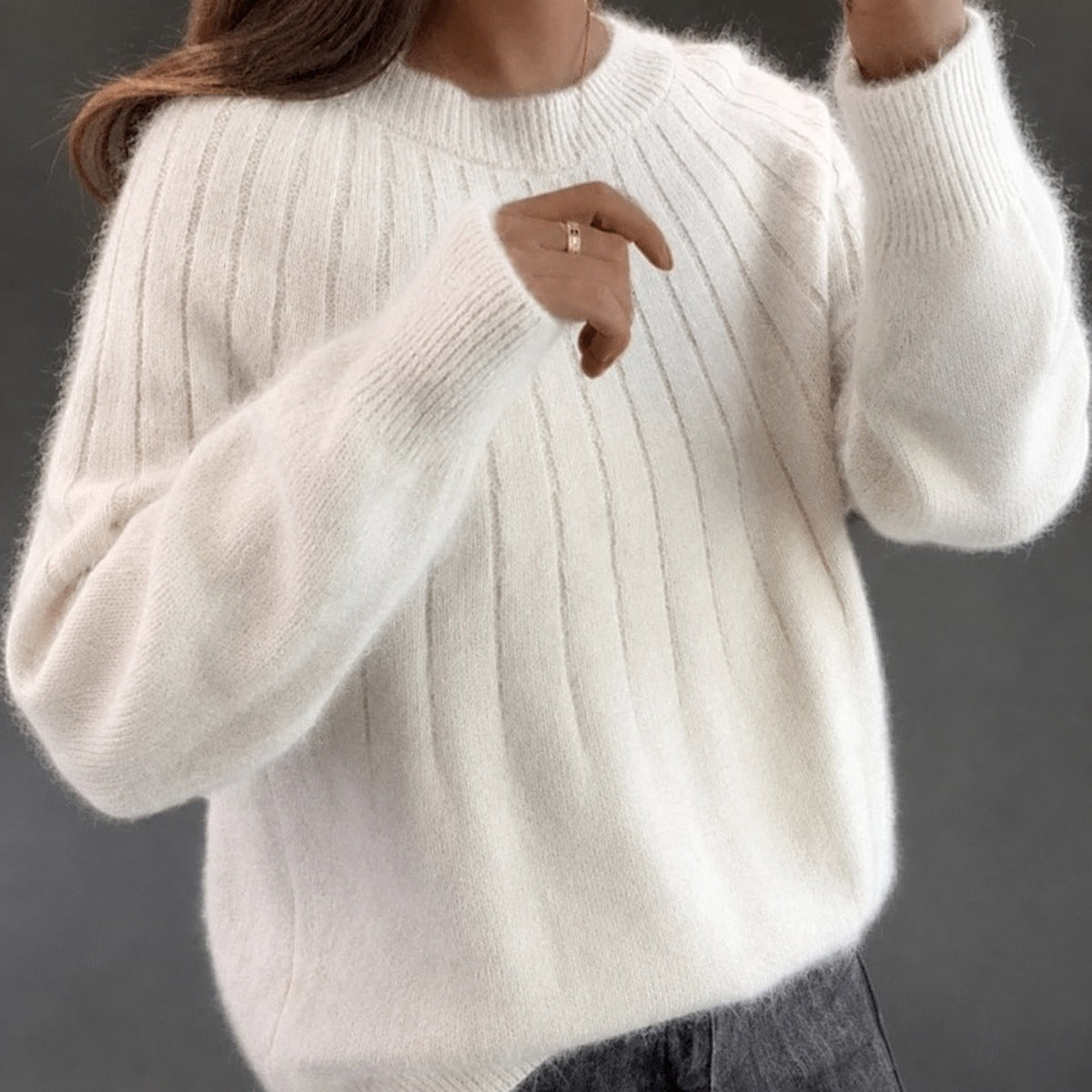 Women's Fuzzy Crewneck Sweater in White - front view