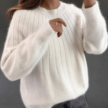 Women's Fuzzy Crewneck Sweater in White - front view
