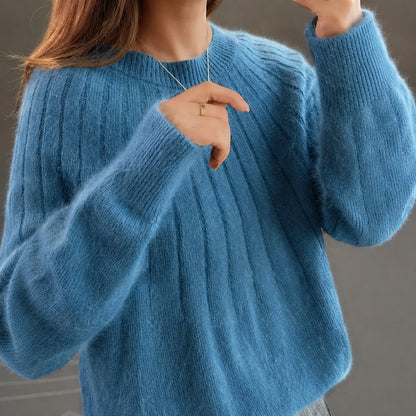 Women's Fuzzy Crewneck Sweater in Navy Blue - front view