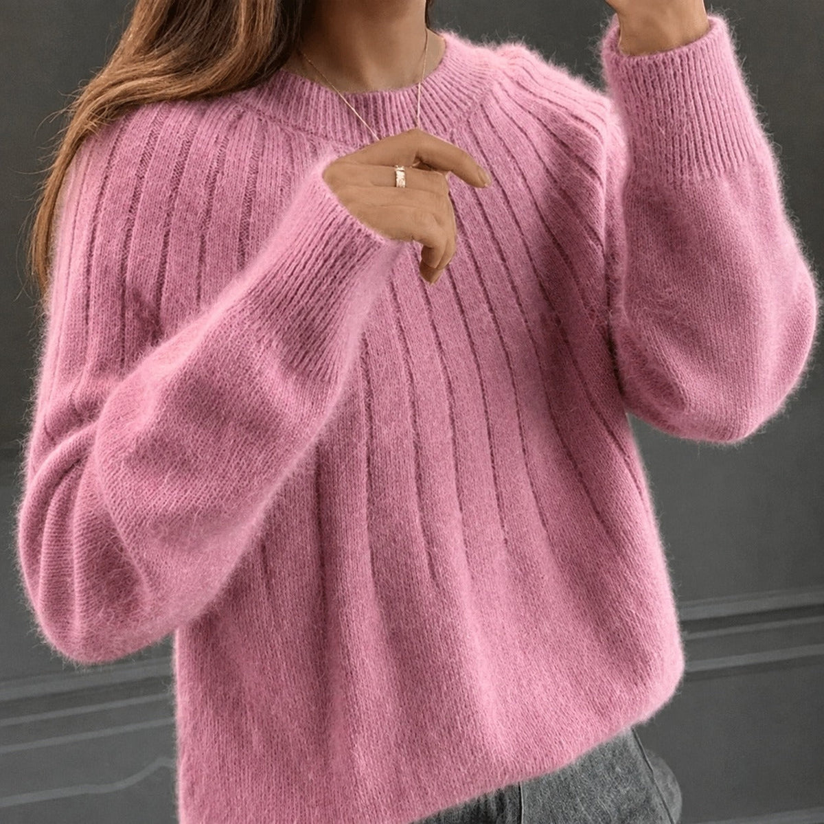 Women's Fuzzy Crewneck Sweater in Dark Pink - front view