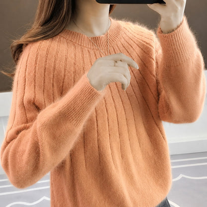 Women's Fuzzy Crewneck Sweater in Orange - front view