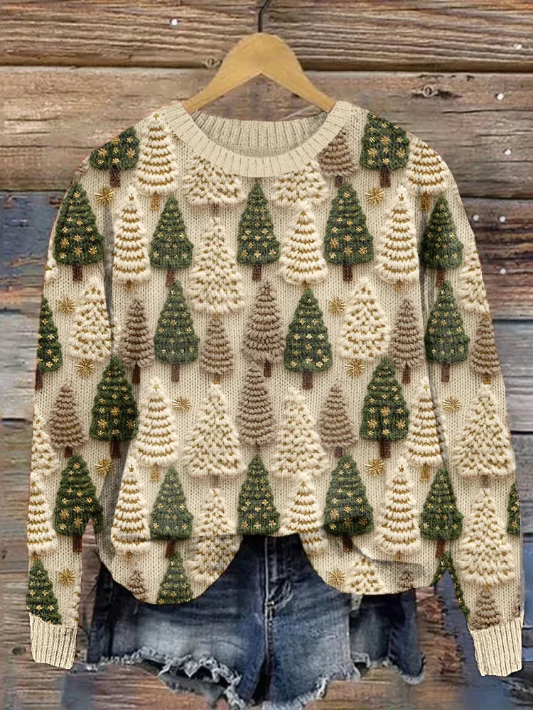 Women's Christmas Tree Print Sweater in Beige - front view