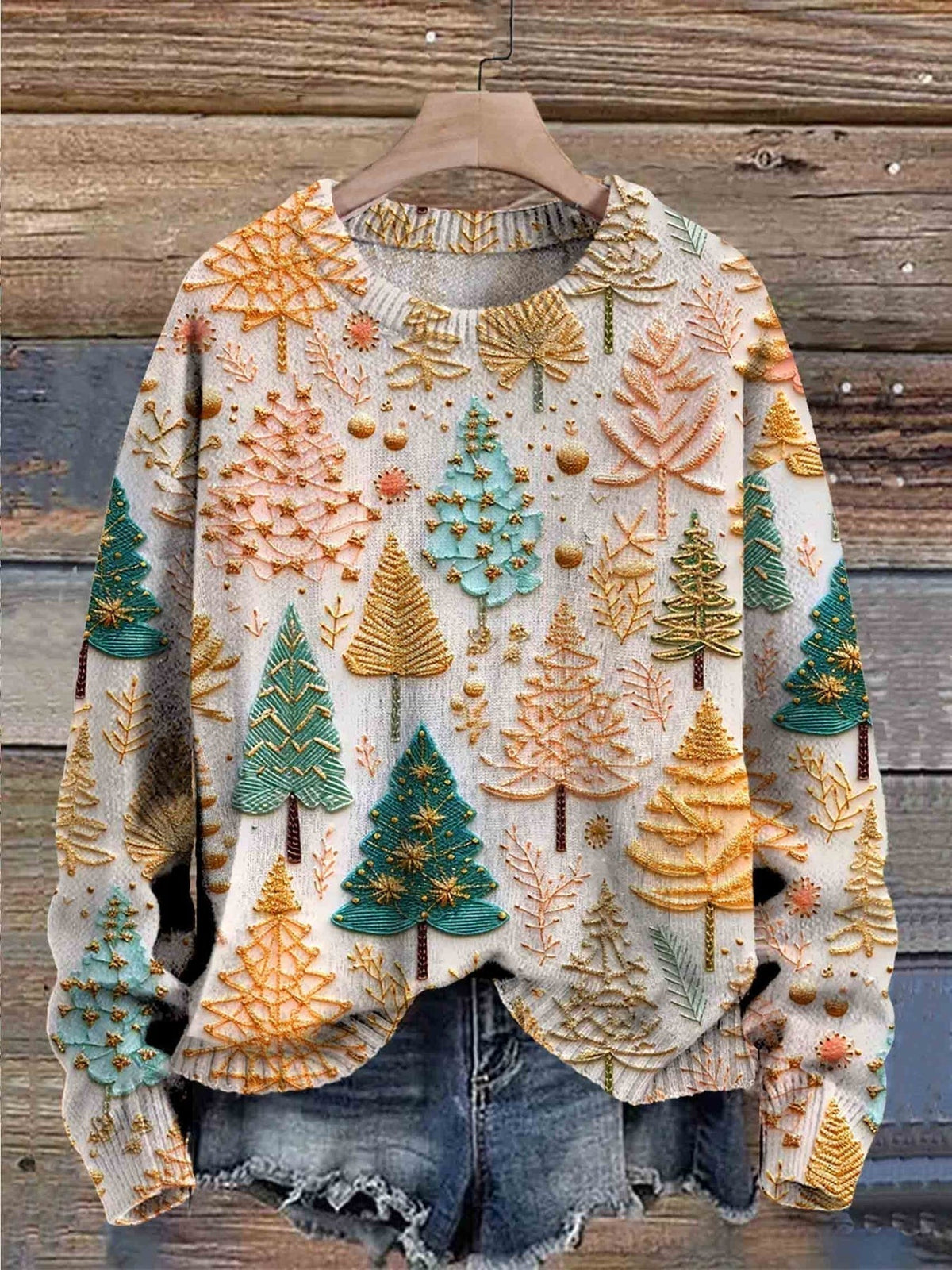 Women's Christmas Tree Print Sweater in Multicolour - front view