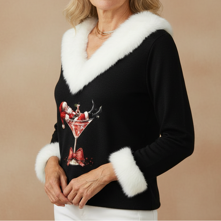 Women's Christmas Sweater with Faux Fur Trim in Black - front view