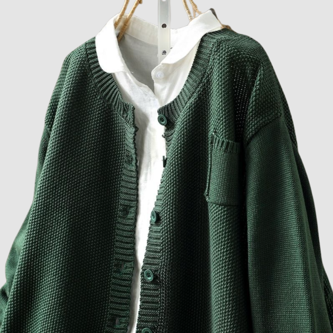 Women's Fluffy Button Cardigan in Green - alternate angle showing fit and fabric detail