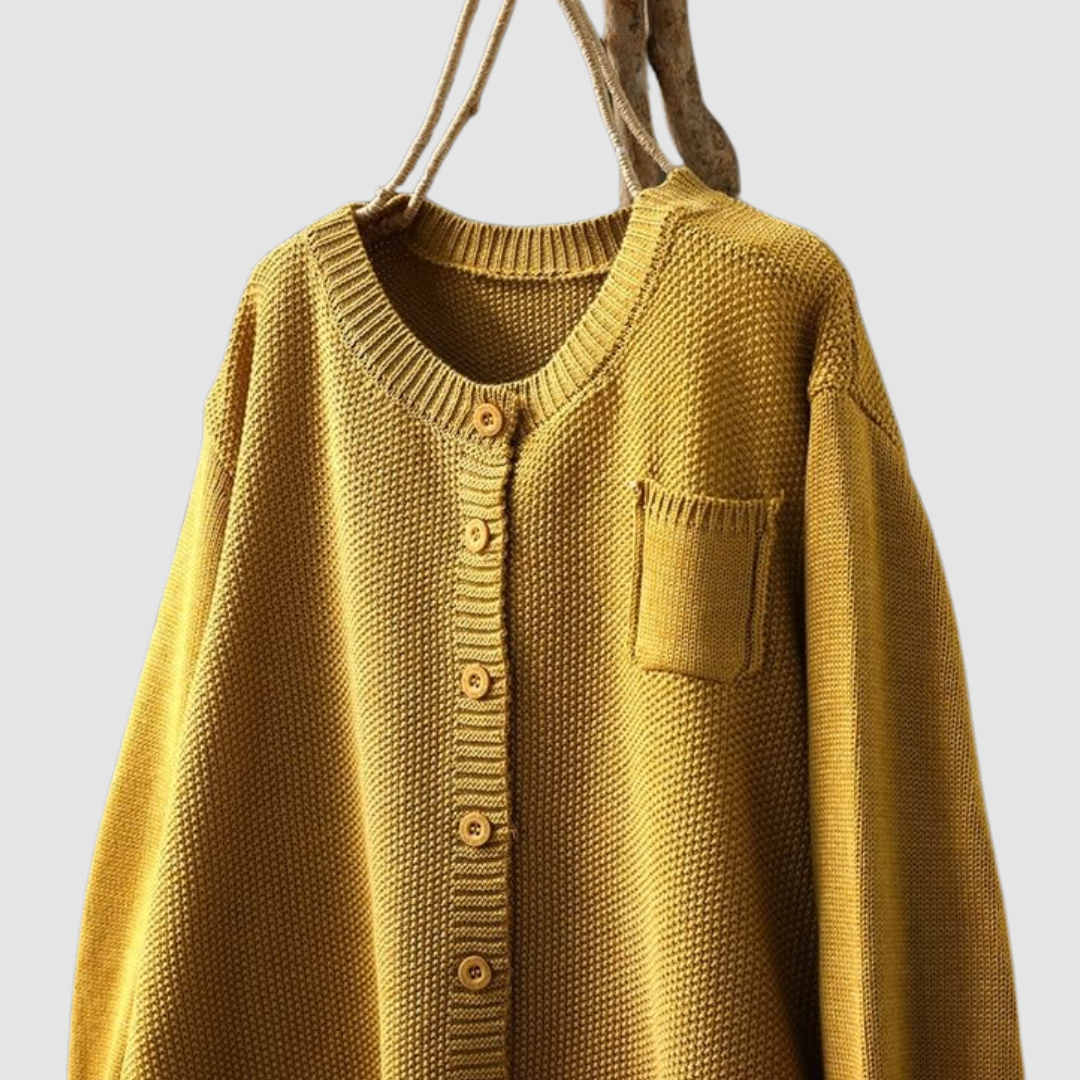 Women's Fluffy Button Cardigan in Yellow - alternate angle showing fit and fabric detail