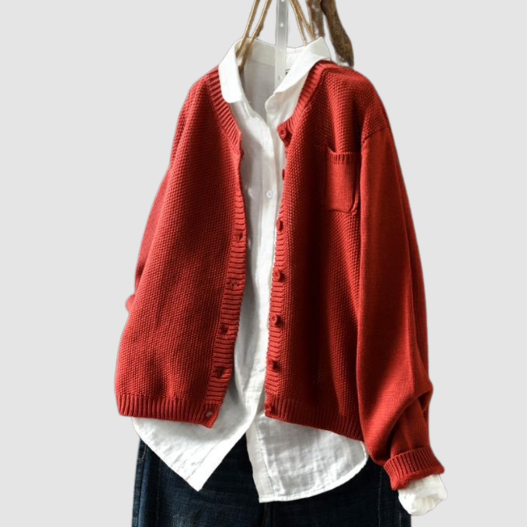 Women's Fluffy Button Cardigan in Red - front view