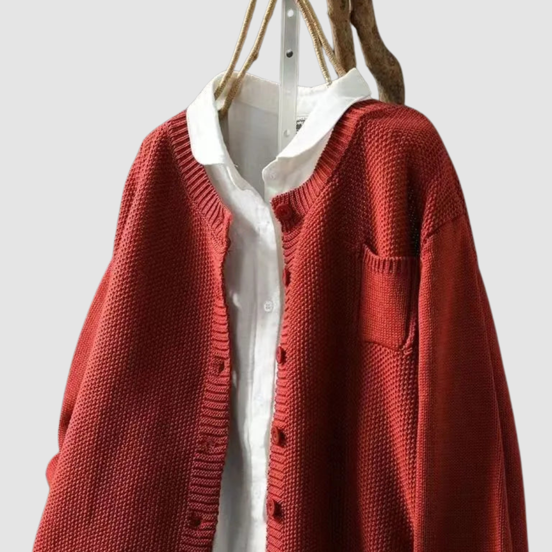 Women's Fluffy Button Cardigan in Red - alternate angle showing fit and fabric detail