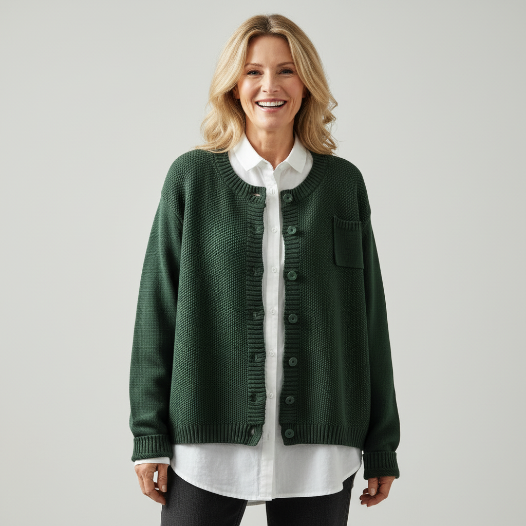 Women's Fluffy Button Cardigan in Red - alternate angle showing fit and fabric detail