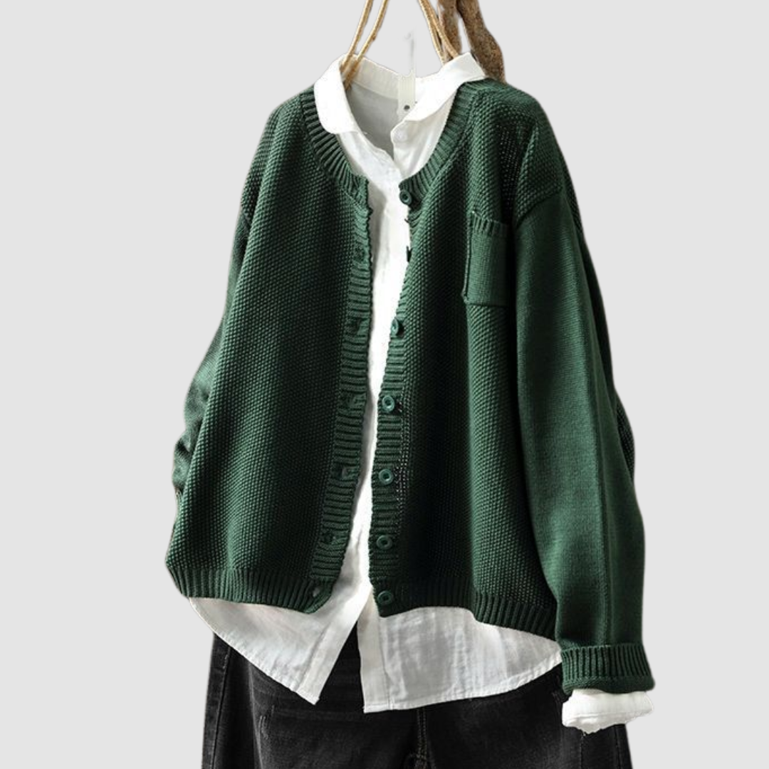 Women's Fluffy Button Cardigan in Green - front view