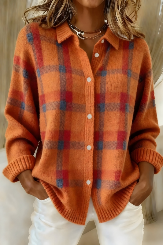 Women's Plaid Shirt Cardigan in Orange - front view