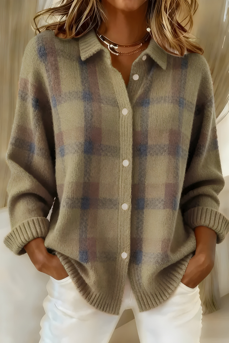 Women's Plaid Shirt Cardigan in Brown - front view