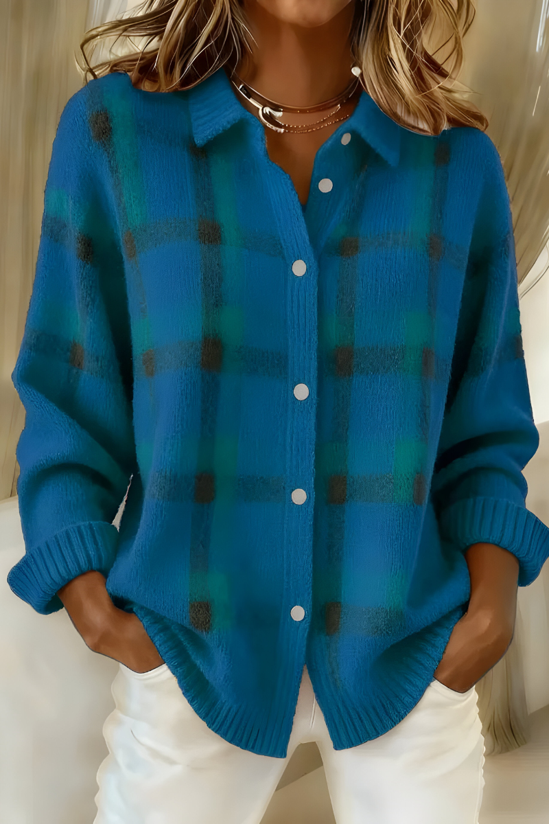 Women's Plaid Shirt Cardigan in Blue - front view