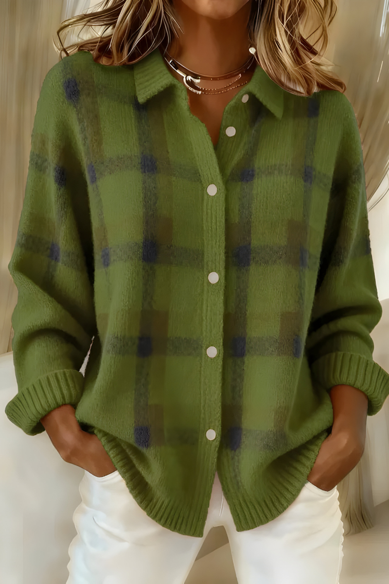 Women's Plaid Shirt Cardigan in Green - front view